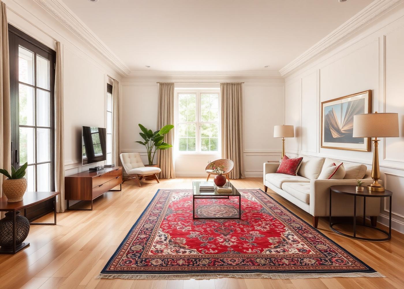 An elegant living room styled with a fine oriental rug